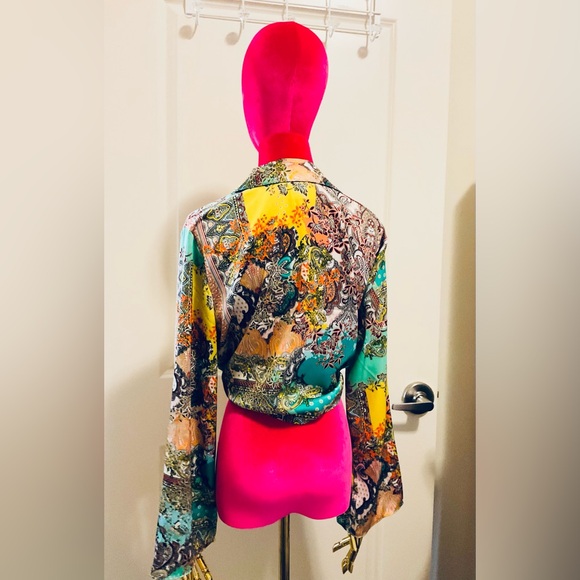 Rachel Zoe green paisley print satin tie front boho blouse size S - Picture 5 of 5